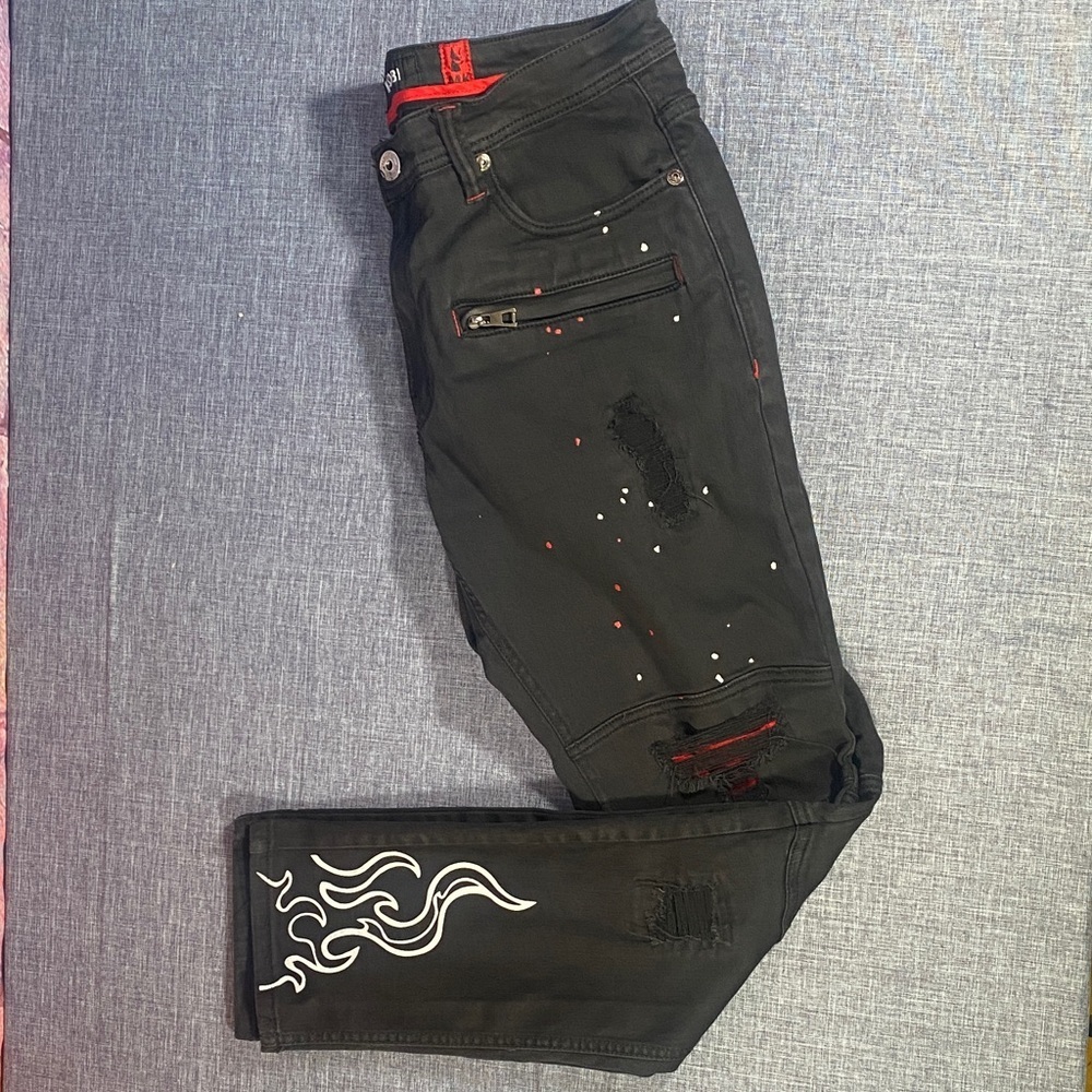 Makobi Men’s Jeans Denim 36x32 Black Flames Lightning Distressed Skinny Fit - Picture 12 of 12